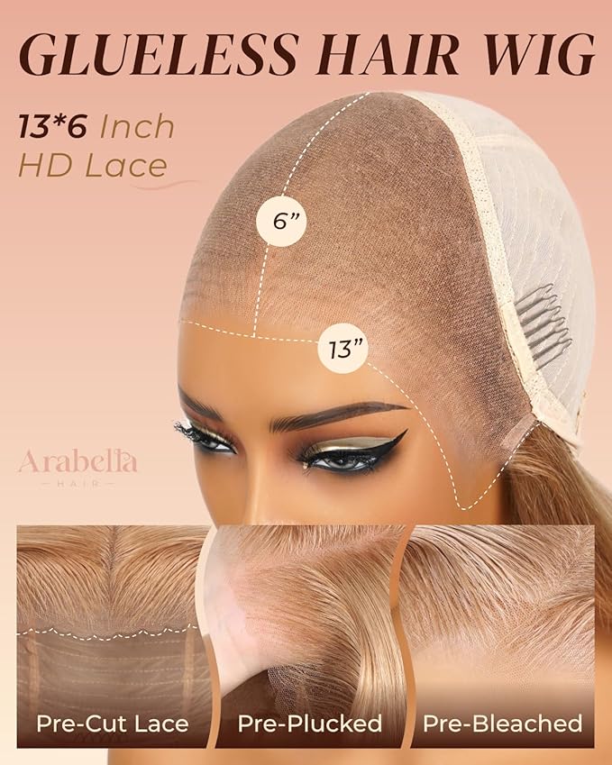 Arabella 13x6 Light Brown Blonde Wig Human Hair Glueless Wigs Human Hair Pre Plucked Pre Cut 13x6 Ear to Ear Full HD Lace Front Wigs 210% Density Straight Wig Drawstring Wig Human Hair 30 Inch