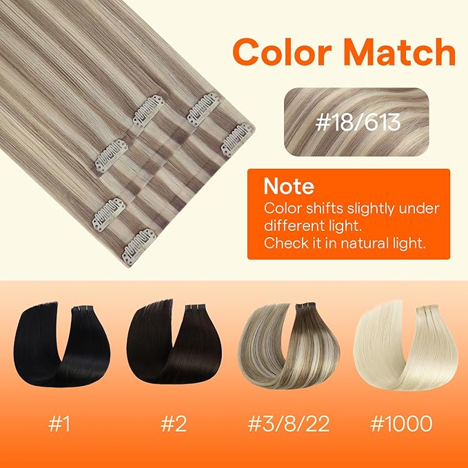 Full Shine Seamless Hair Extensions Clip in Human Hair, 12Inch Higlight Blonde to Ash Blonde Hair Extensions, PU Skin Weft Invisible Fill Ins for Thin Short Hair, Add Lenghth 4Pcs 55g