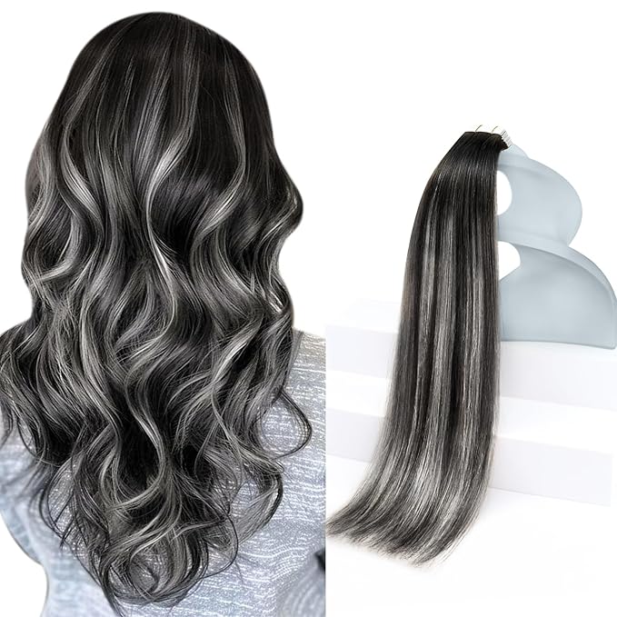 Sunny Hair Tape in Hair Extensions Real Human Hair Invisible Remy Hair Extensions Tape ins for Women Natural Black Roots to Silver Grey Balayage 20 inch 20Pcs 50G