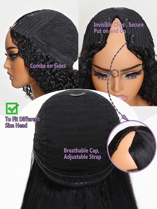 YIROO EasiContour V Part Wigs Ombre Brown Glueless Human Hair Upgrade U Part Wig with Dark Roots Highlight V Shape Clip Wigs Beginner Friendly with Drawstring Ready to Wear Chestnut Brown Color 20Inch