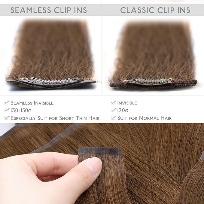WENNALIFE Seamless Clip In Hair Extensions Human Hair, 18 Inch 130g 7pcs Light Auburn Brown Real Hair Extensions Clip in Human Hair Invisible PU Skin Weft Natural Remy Human Hair Extensions