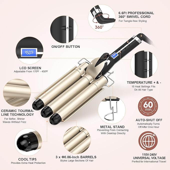 Hair Curler 0.86 Inch for SMALL CUTE WAVES, AIMERVO 22MM Triple Barrels Curling Wand Rod with LCD Display 15 Temp Control up to 450°F, Ceramic Tourmaline, 30S Heat-Up, Wavy Crimps for All Hair lengths