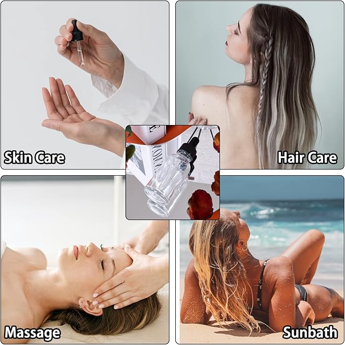 48 Pack 1oz Clear Glass Bottles with Glass Eye Droppers for Essential Oils, Perfumes & Lab Chemicals (Brush, Funnels, 2 Extra Droppers, 54 Pieces Labels & 30ml Measuring Cup Included)