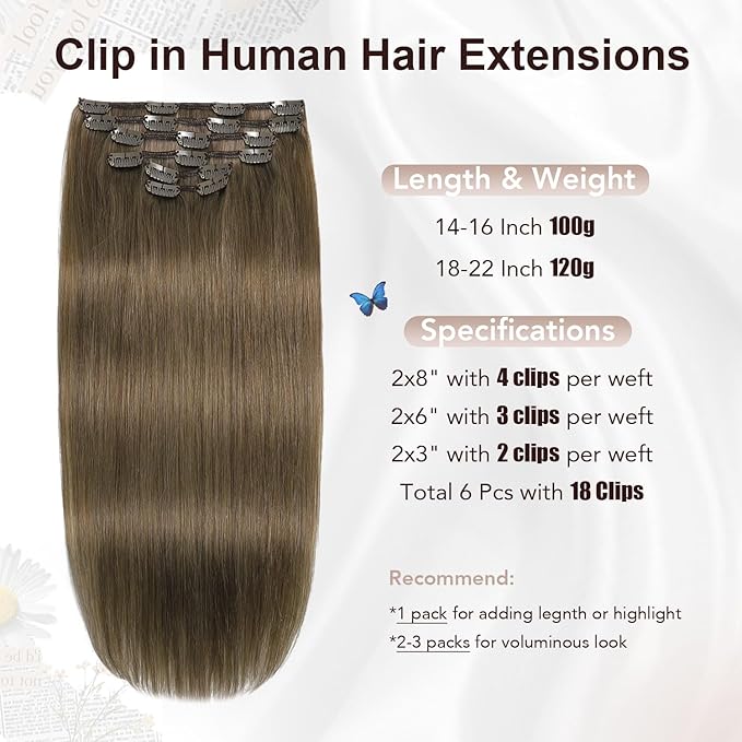XDhair Clip in Hair Extensions Real Human Hair 100g 6pcs 16Inch Ash Brown Clip in Remy Hair Extensions for Women (#8,16Inch)