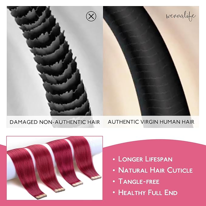 Wennalife Burgundy Red Tape in Hair Extensions, 10pcs 25g 18 inch Remy Invisible Tape Ins Straight Colored Soft Real Human Hair Tape in Extensions Refill Set Extensions