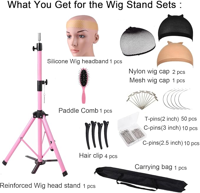 Reinforced Wig Stand Tripod 55" Heavy Duty Adjustable Mannequin Head Stand Tripod for Styling Cosmetology Hairdressing Training, Pink Wig Head Stand Sets with Wig Caps,Comb,Hair Clips, T-Pins,Headband