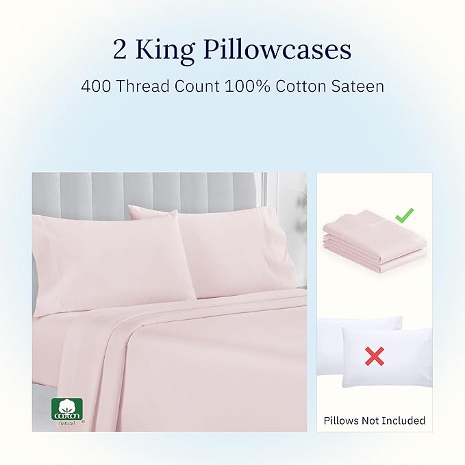 California Design Den King Size Pillowcase Set - 400 Thread Count, 100% Cotton Sateen, Set of 2 Pillow Covers, Soft and Breathable - Pink