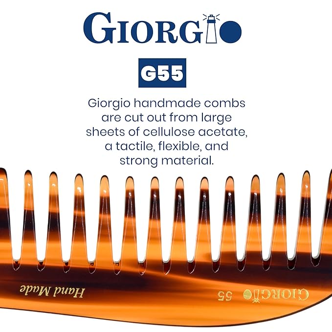 Giorgio G55 Wide Tooth Comb for Wet Hair Detangling, Thin to Medium Thickness Hair Detangler, Hair Combs for Women and Men, Handmade Large Tooth Rake Comb Saw-Cut and Hand Polished