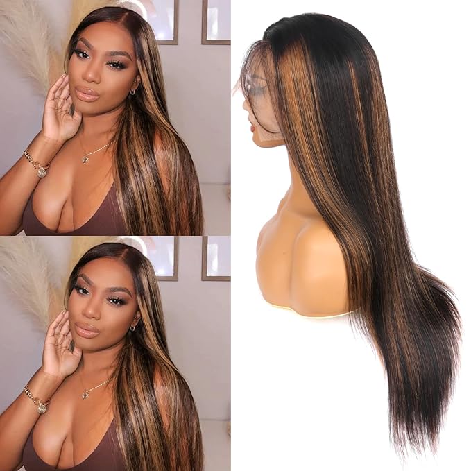 Ombre Lace Front Wig Human Hair Highlight Straight Lace Front Wigs Human Hair Pre Plucked 13x4 Transparent Lace Frontal Wig 200 Density Glueless 1B/30 Highlighted Wig 20 Inch