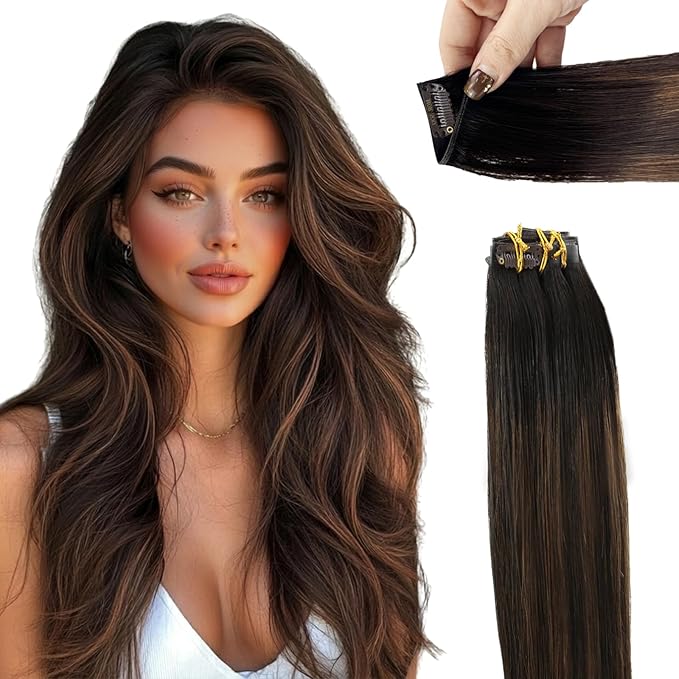 Moresoo Genius Hair Extensions Human Hair Clip ins Dark Brown with Medium Brown Balayage Genius Weft Clip in Hair Extensions Human Hair No Heat No Glue 14 inch 110G 7Pcs