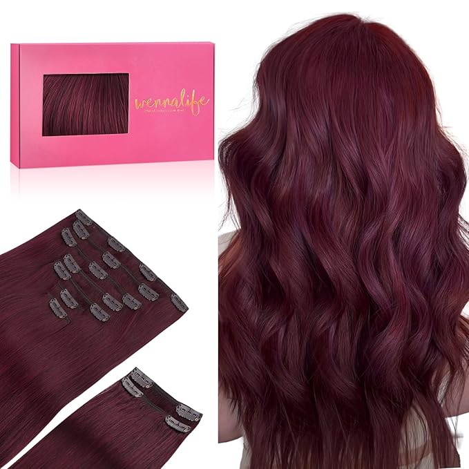 WENNALIFE Light Burgundy Human Hair Extensions - 150g 24 Inch 9pcs Clip in Hair Extensions, Thicker Double Weft Real Human Hair Set