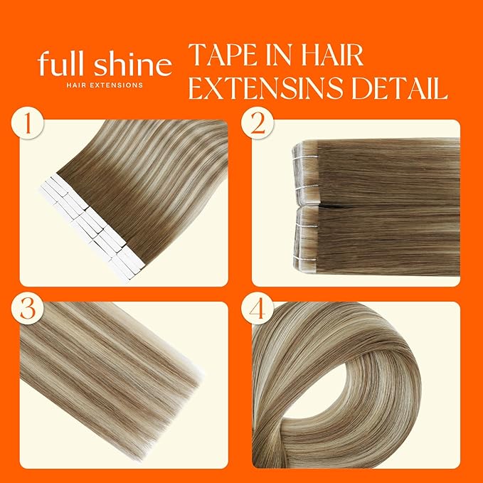 Full Shine Injected Real Human Hair Tape in Extensions Color Dark Brown 3 Fading to 8 and 22 Blonde 24 Inch Machine Remy seamless Tape in Hair Extensions 20 Pcs 50G Long Straight for Wedding