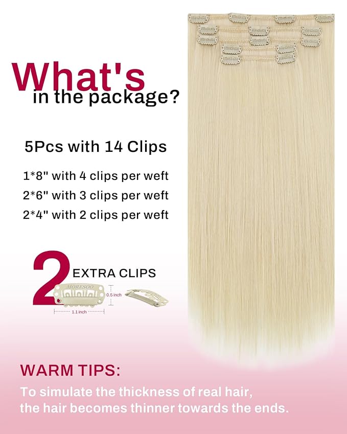 Moresoo Clip in Hair Extensions Real Human Hair Double Weft Human Hair Clip in Extensions Straight Golden Platinum Blonde #60 5pcs 80g 18inch