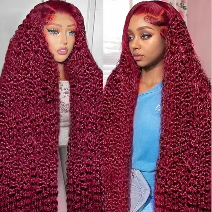 99J Burgundy 13x6 Lace Front Wigs Human Hair 28 Inch Red Burgundy Wig 200% Density Deep Wave Lace Front Wigs Human Hair Pre Plucked Glueless Lace Frontal Wigs for Women