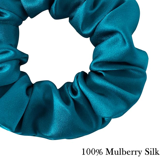 MulberrySilk Scrunchies for Women Hair Ties for Sleep and Night Hair Sleep, Women Grils Silk Hair Ties 3 Pack（Black,Taupe,Peacock blue）