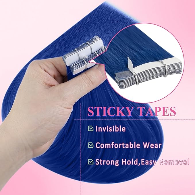 YoungSee Tape in Hair Extensions Real Human Hair Blue Invisible Tape in Human Hair Extensions Blue 14 Inch Seamless Tapes Hair-Extensions Colored 10pcs 25g Prom Night Hair Extension
