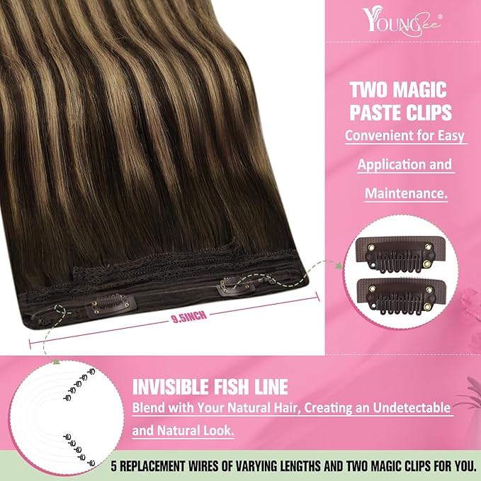 YoungSee 135G Wire Human Hair Extensions Brown Balayage Hair Wire Chocolate Brown Mix Caramel Blonde Balayage One Piece Hair Extensions Long Straight Hair 24Inch