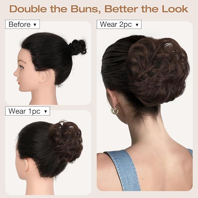 Messy Bun Hair Piece Wavy Curly Scrunchies Fluffy Donut Thick Updo Elegant Chignon Hairpieces for Women Girls, Medium Brown 1.4oz
