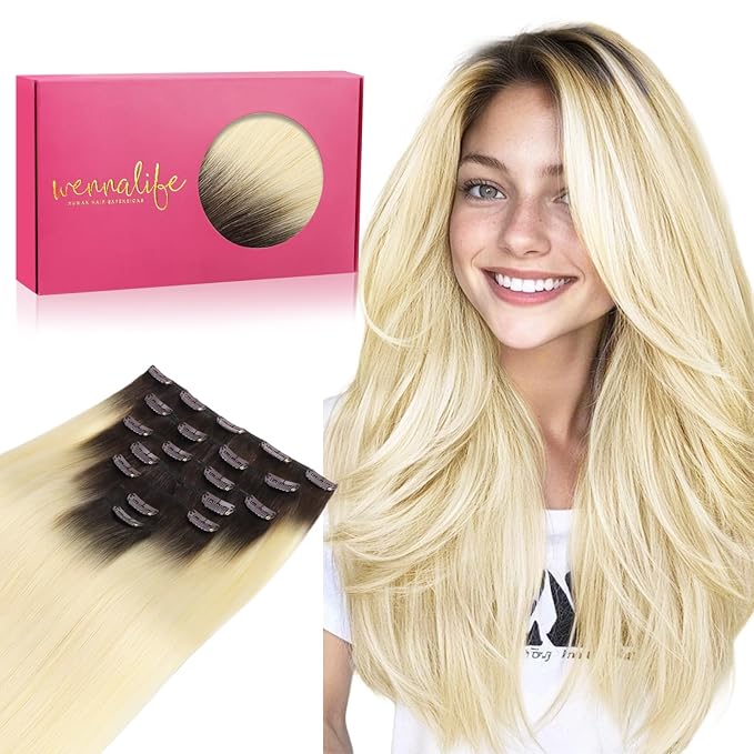 WENNALIFE Clip in Hair Extensions, 20 Inch 120g 7pcs Clip in Hair Extensions Real Human Hair, Ombre Light Dark Brown to Platinum Blonde Extensions Remy Hair