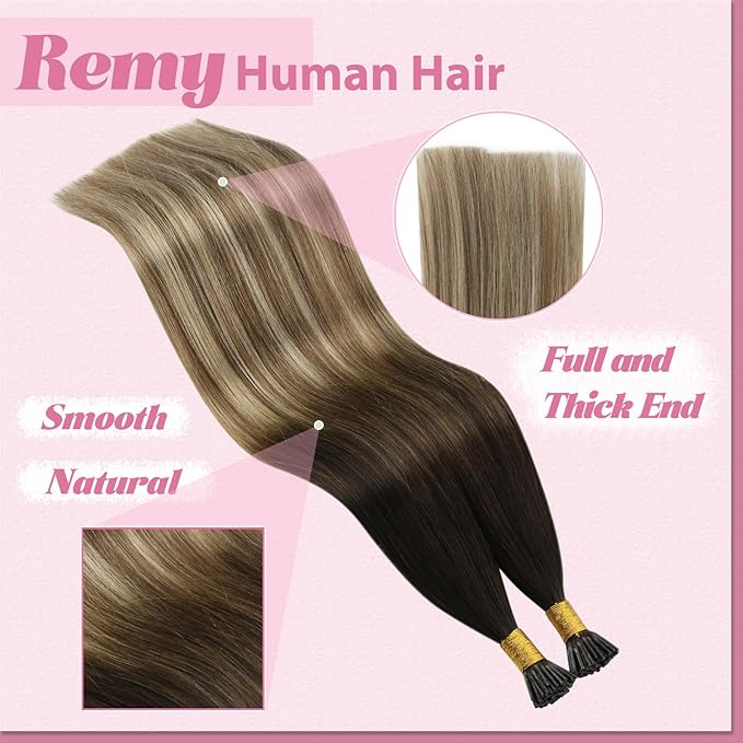 YoungSee Itip Hair Extensions Brown Balayage 24 Inch Keratin Itip Human Hair Extensions Ombre Dark Brown to Medium Brown with Blonde Itip Extensions Long Straight Hair 50g 50s