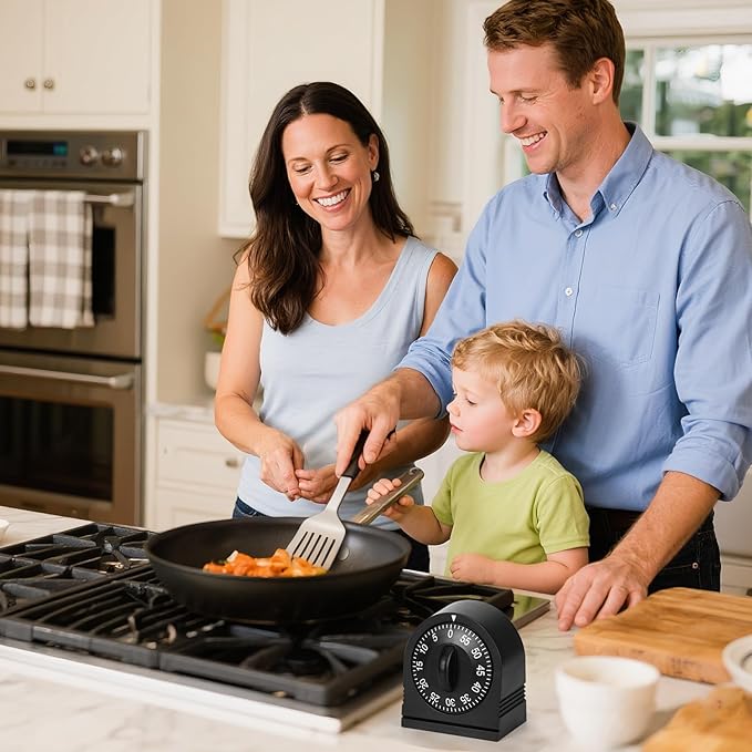 Kitchen Timers for Cooking, 60 Minute Wind Up - Chef Cooking Timer with Loud Alarm,100% Mechanical Desk Timer -No Batteries Required - Manual Countdown timers for Home, Study and Cooking (Black)