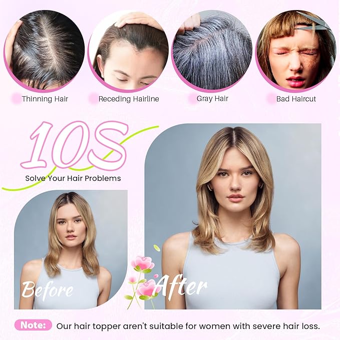 YAMI Hair Toppers for Women Fluffy Human Hair Topper 10inch Handmade Swiss Base Hairpieces 360° Cover Hairloss (Mixed Grey)