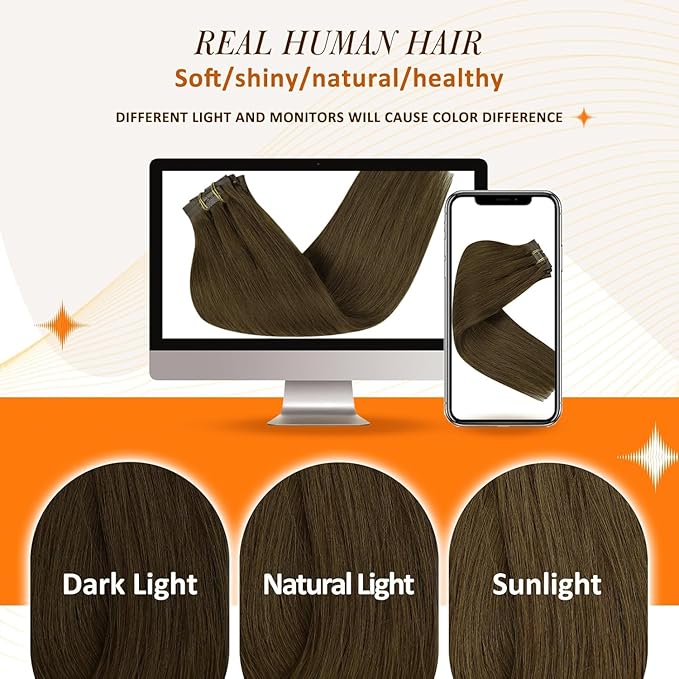 Full Shine Clip in Hair Extensions Real Human Hair 22 Inch Medium Chestnut Brown Seamless Human Hair Clip in Extensions with PU Weft for Long Hair 8 PCS 120 G