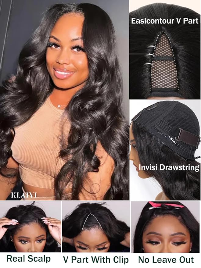 KLAIYI EasiContour V Part Wig Human Hair Body Wave Glueless Upgrade U Part Wig No Leave Out No Gel Clip in Half Wig V Shape Pull and Go Beginner Friendly Ready to Wear Natural Black Color 150% 20Inch