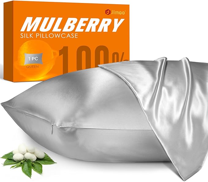 100% Mulberry Silk Pillowcase for Hair and Skin, 22 Momme Pure Natural Silk Pillow Case Both Sided with Zipper, Pillow Cover for Women Mom Men (Silver Grey, Standard 20''×26'', 2 Pack)