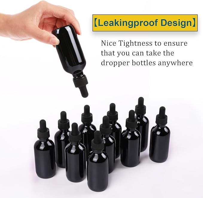2oz Glass Dropper Bottle,Preety Texture Tincture Bottles with Precise Scales Eye Droppe,for All Kinds Of Mixed Liquids,Leak-Proof Design for Easy Travel (Black-48Pack)
