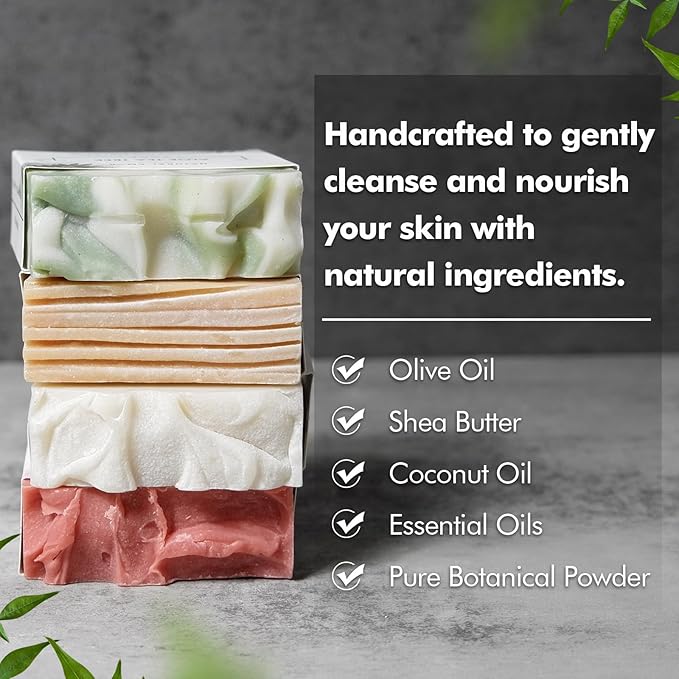 Natural Amor Handmade Soap Bar Set (4 Pack), Cold Process, Natural Ingredients Gift Box for Women, Moisturizing Body & Face Bars, Spa Self Care Gift