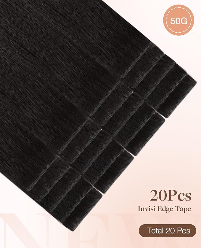 GOO GOO Invisi Edge Tape in Hair Extensions Human Hair, 1B Natural black 20pcs 16inch 50g, Virgin Remy Hair, Seamless Injected Tape, Natural Look