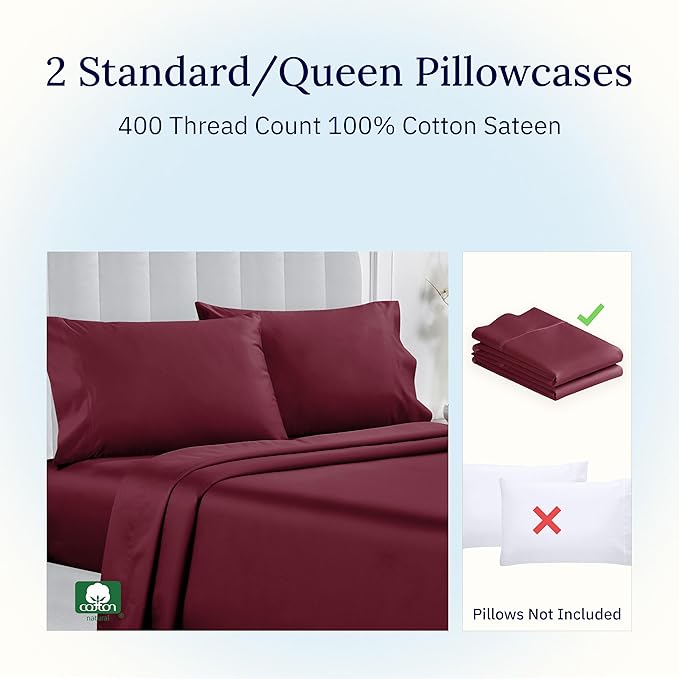 California Design Den Standard Queen Size Pillowcase Set - 400 Thread Count, 100% Cotton Sateen, Set of 2 Pillow Covers, Soft and Breathable - Burgundy Red