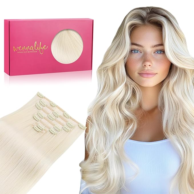 WENNALIFE Clip in Hair Extensions, 22 Inch 120g 7pcs Real Human Hair, White Blonde Remy Hair Extensions Clip Ins Double Weft