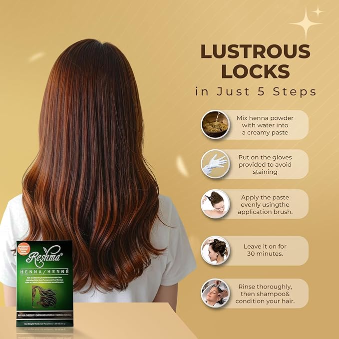 Reshma Beauty 30 Minute Henna Hair Color Infused with Organic Henna Lawsonia Inermis 100% Gray Coverage for Soft, Shiny Hair, Plant-Based Hair Dye—1.05 oz Pack of 1 (Chestnut)