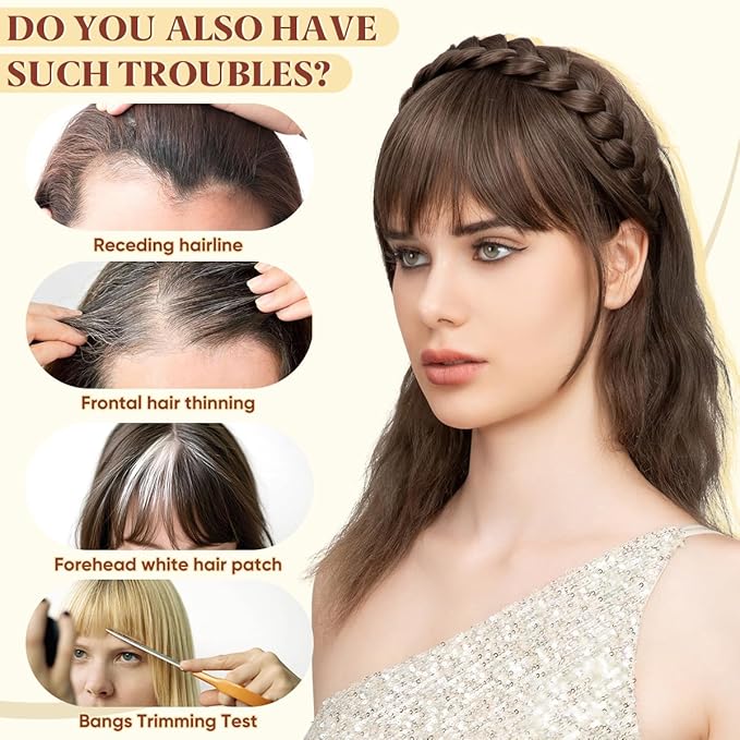 SARLA Braided Headband with 3 Detachable Clip in Bangs Fringe Hairpieces Fake Synthetic Hair Band Bangs for Women Ice Blonde