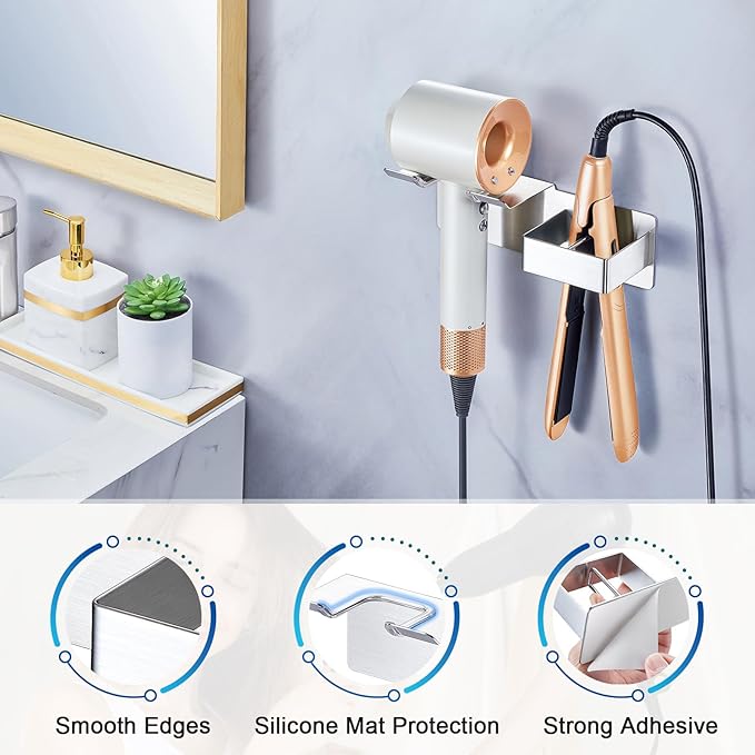 Hair Dryer Holder Wall Mounted, Hair Straightener Holder Stainless Steel, Adhesive Blow Dryer and Hair Straightener Holder, Bathroom Bedroom Hair Tool Organizer for Flat Iron,Curling Iron,Hairdryer
