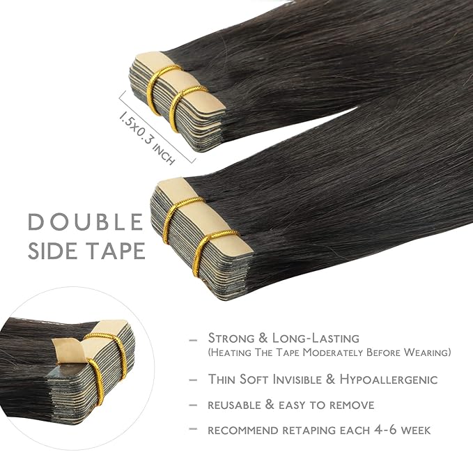 WENNALIFE Tape in Hair Extensions Human Hair, 20pcs 50g 16 inch Natural Black Remy Hair Extensions Straight Human Hair Tape in Extensions Skin Weft Tape Extensions Human Hair