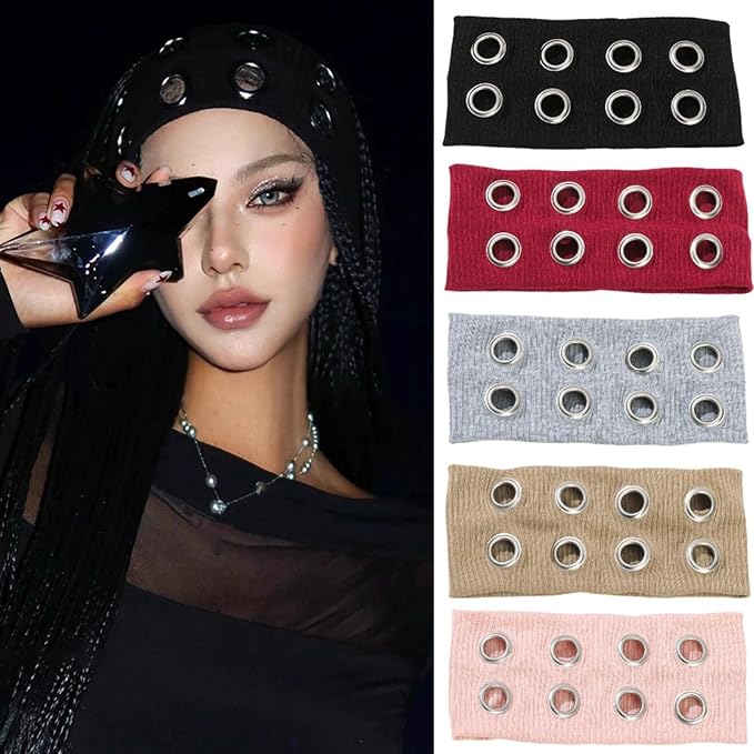 papasgix Grommet Headband for Women, Y2K Elastic Headband Wide Black Hair Band with Holes Metal Rock Style 2000s Hair Accessories (1, White)