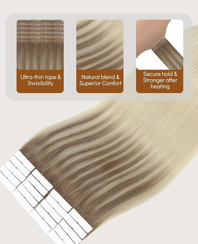 VINBAO 55g Invisible Tape in Extensions Human Hair Balayage Ombre Brown to Blonde Seamless Injected Pro Quality Injection Extensions Human Hair Tape Ins 20pcs 20inch #8T60