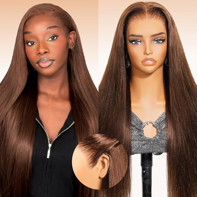 Arabella 13x6 Chocolate Brown Glueless Wigs Human Hair Pre Plucked Pre Cut 13x6 Ear to Ear Full HD Lace Front Wigs Human Hair 210% Density 4# Brown Straight Wig Drawstring Wig Human Hair 26 Inch