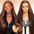 Arabella 13x6 Chocolate Brown Glueless Wigs Human Hair Pre Plucked Pre Cut 13x6 Ear to Ear Full HD Lace Front Wigs Human Hair 210% Density 4# Brown Straight Wig Drawstring Wig Human Hair 22 Inch
