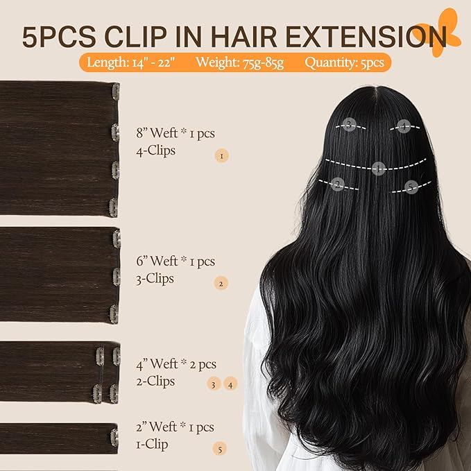 DOORES Human Hair Extensions Clip in, 5pcs 75g Light Dark Brown 14 Inch Remy Clip in Hair Extensions Natural Hair Extensions Straight