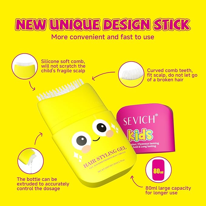 SEVICH Kids Hair Gel for Girls & Boys (Pack of 2) - Hair Finishing Stick Styling Gel for Kids, Plant-Based Formula with Comb Design, Frizz Control & Easy Wash (Cartoon Bottle) 80ml