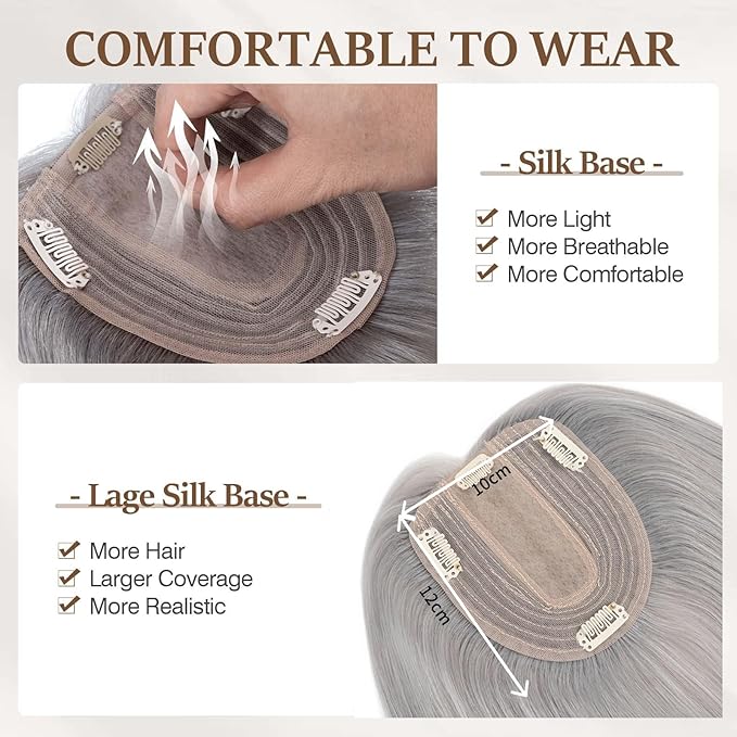 Rich Choices Hair Toppers for Women Real Human Hair 100% Human Remy Toppers NO Bangs for Women with Thinning on Top Clip in Hairpiece 4"x4.7"Lace Base 12 Inch Gray