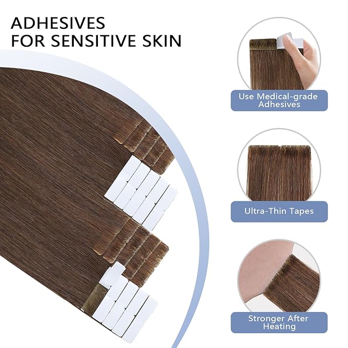 COOKAYU Invisible Tape in Hair Extensions Real Human Hair, Injected Tape in Extensions Medium Brown 16Inch 35g 20pcs Seamless Invisi Edge