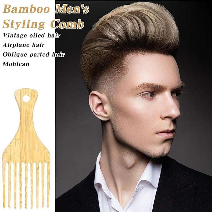 4 Pcs Bamboo Afro Hair Pick Comb Set Natural Anti-Static Picks Wide Tooth Detangling Combs for Men Women with Thick Curly Hair