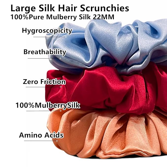 Suncdelv Silk,100% Silk Scrunchies for Hair,22 Momme Hair Ties for Anti-Crease & Breakage,Natural Women Hair Accessories，Fashion Hairbands 3PCS(Blue,Red,Pink）