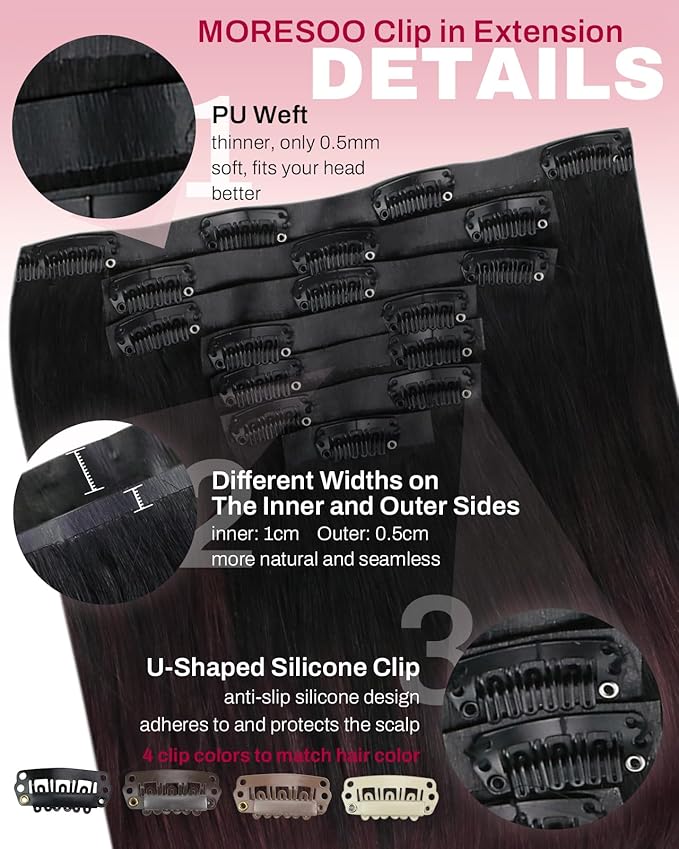 Moresoo Seamless Clip in Hair Extensions Ombre Black to Burgundy Seamless Hair Extensions Clip ins Human Hair Balayage Black to Red Wine PU Weft Human Hair Clip in Extensions 7pcs 120g 18inch