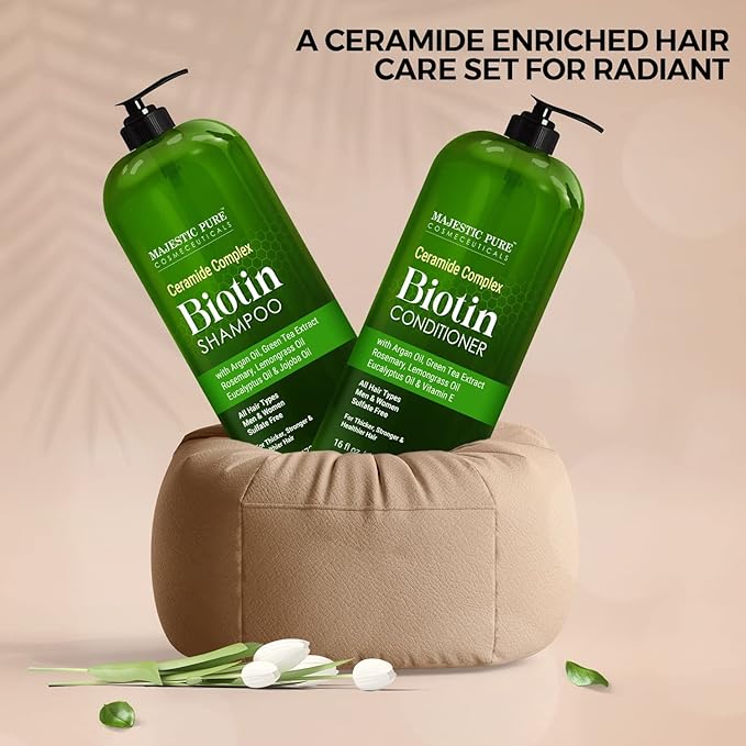 MAJESTIC PURE Biotin Shampoo and Conditioner Set - With Essential Oils & Ceramides - Helps Hair Growth, Thickening, Dry & Colored Hair - Sulfate Free - For All Hair Types - Men & Women - 16 fl oz each